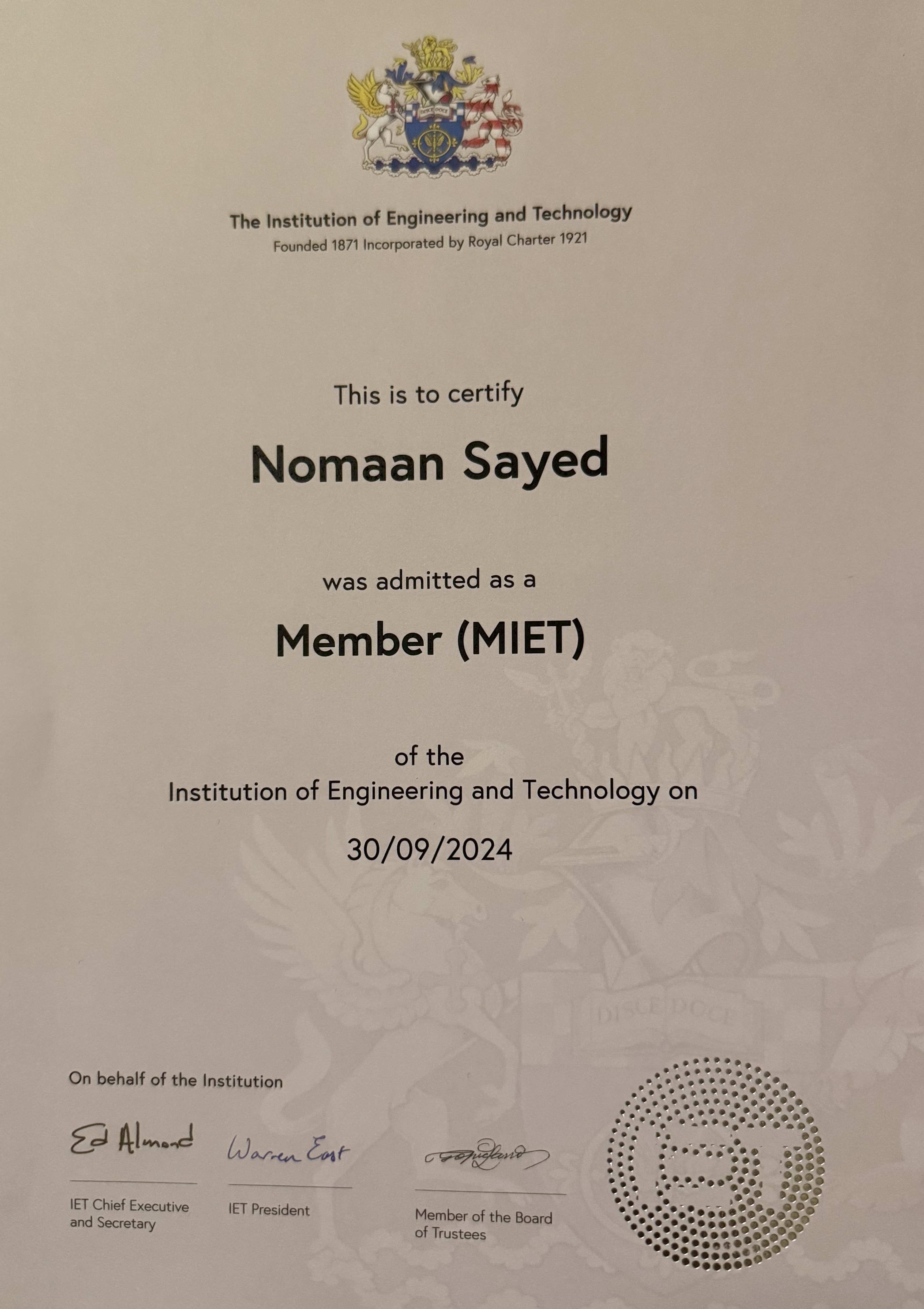 IET Certificate